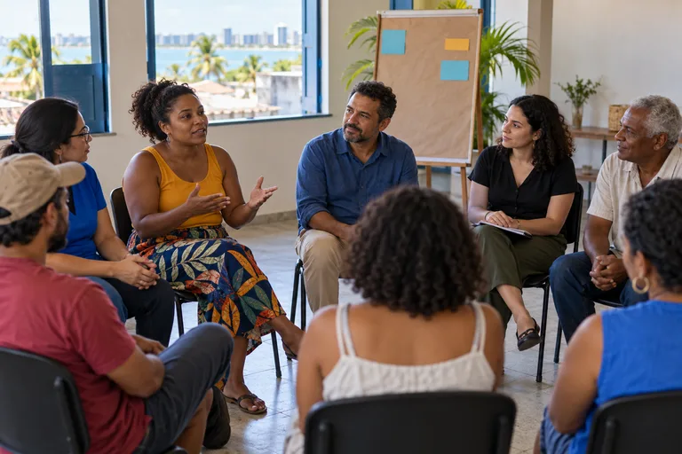 Pessoas afetadas por um projeto participam de uma conversa de planejamento em Maceió.